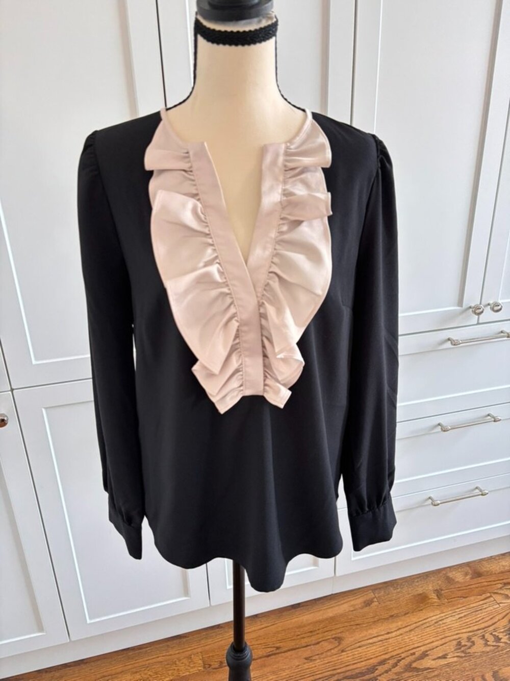 J.Crew Black Blouse Champagne Satin Ruffle Bib | Size S | Puff Sleeve | Style AE